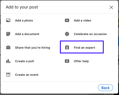 the find an expert feature on LinkedIn