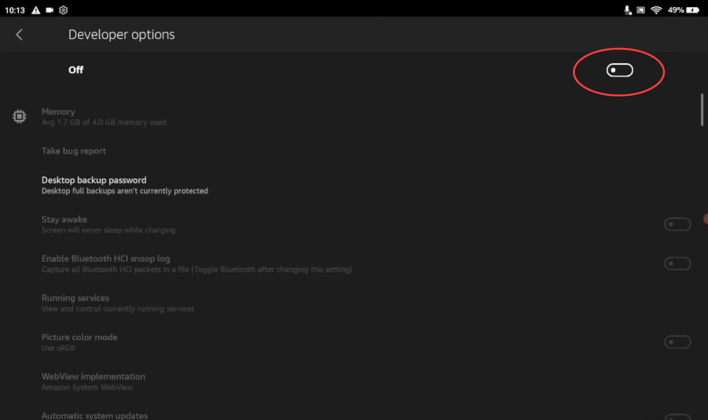 enable developer options in amazon fire tablet settings