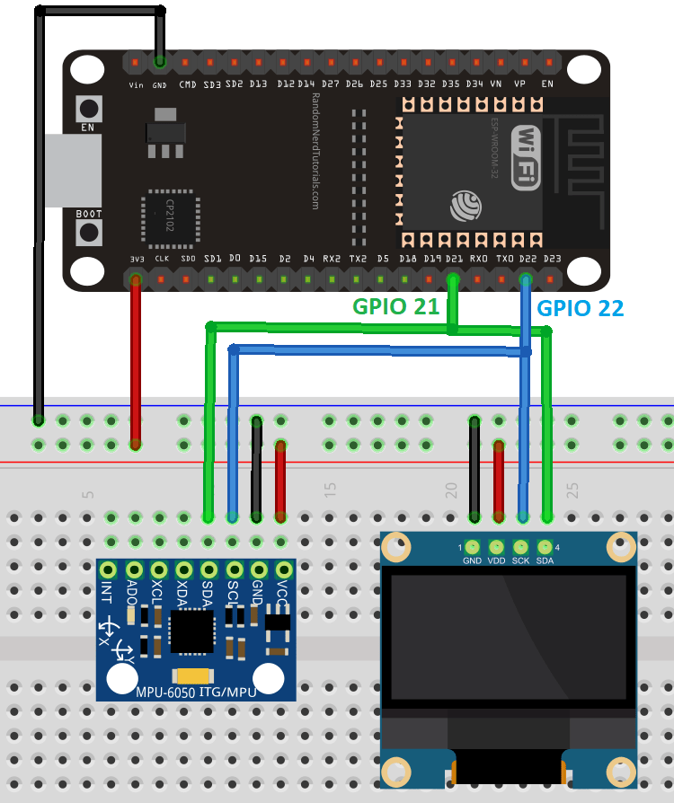 ESP32 with MPU-6050 and OLED Display Wiring Schematic Diagram Circuit