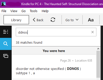 Screenshot of The Haunted Self search results. Showing 38 matches found for DDNOS.