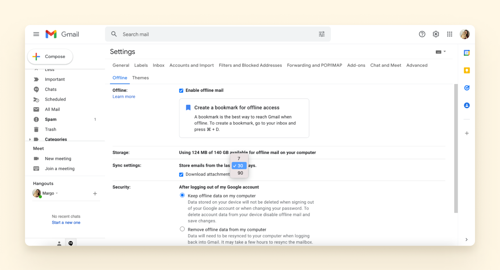 Enabling offline mode in Gmail