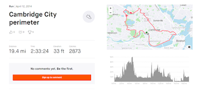 Strava screencapture showing a 19.4 mile run around the border of Cambridge, MA