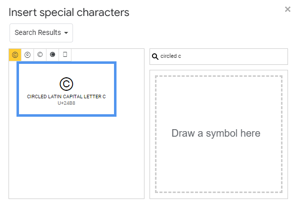 searching for Circled C Symbols text in special characters in google docs