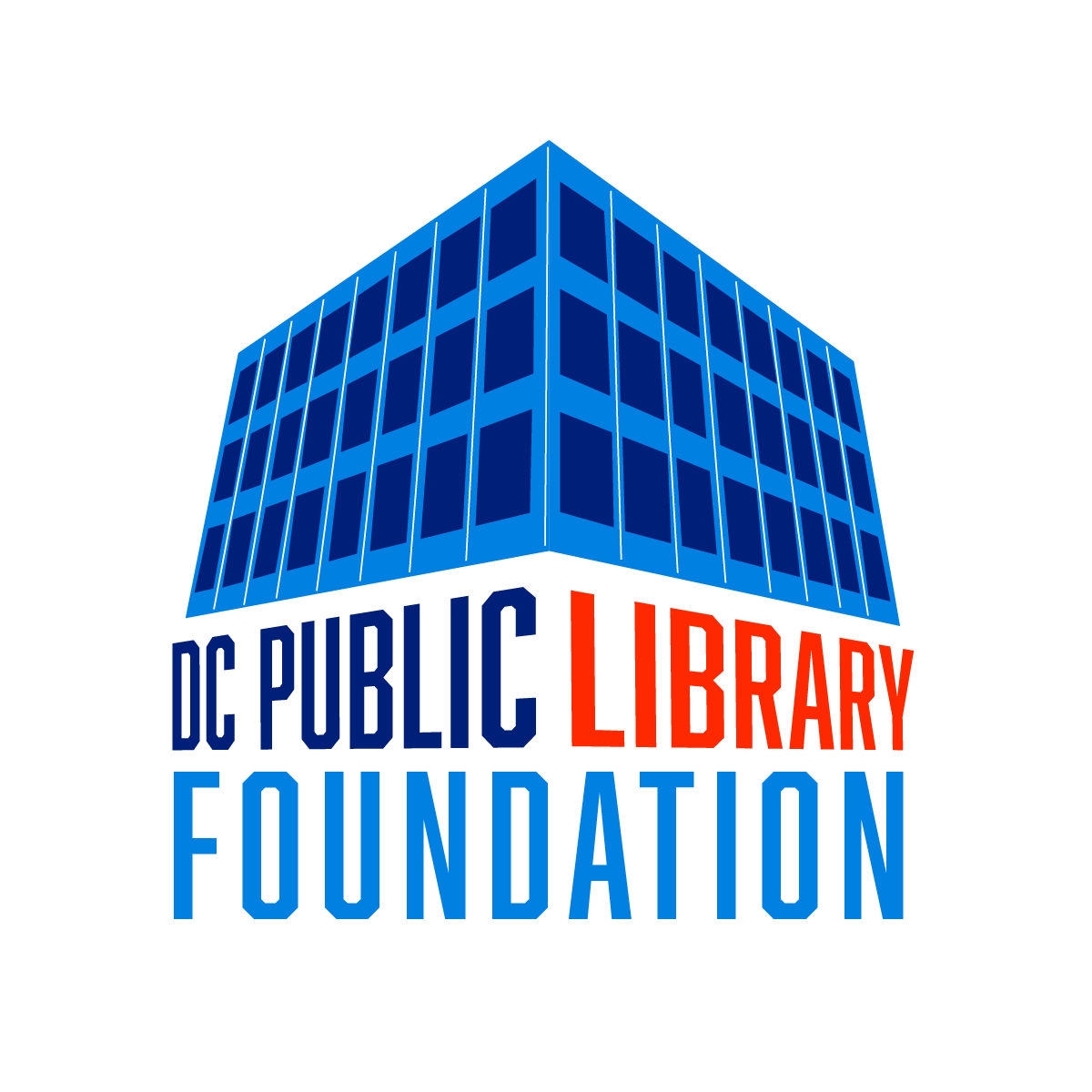 DC Public Library Foundation logo, the words DC Public Library Foundation with a simple picture of MLK Library on top of it