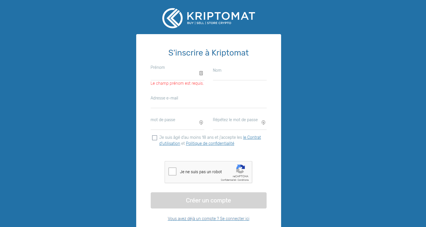 Processus d'inscription sur Kriptomat, une plateforme fiable de vente/achat de Bitcoin et cryptomonnaies