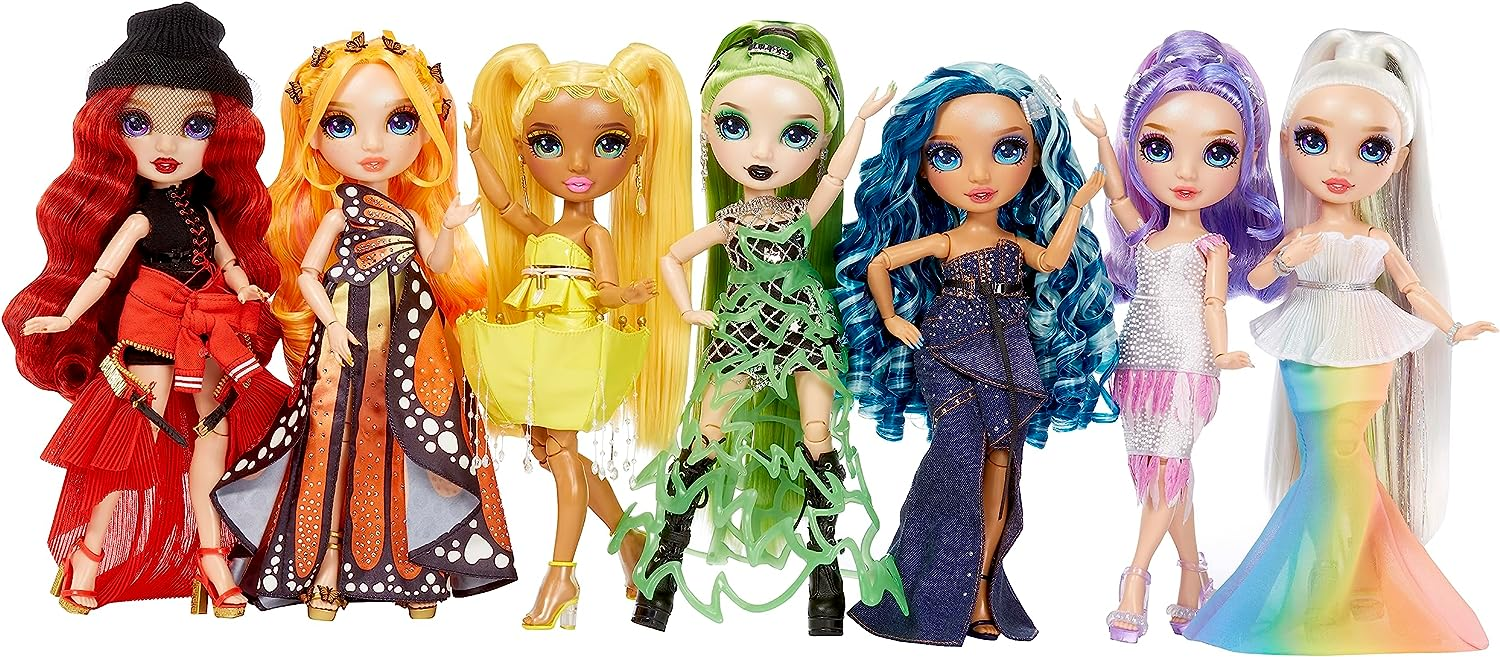 seven rainbow high dolls, each dressed in a designated color