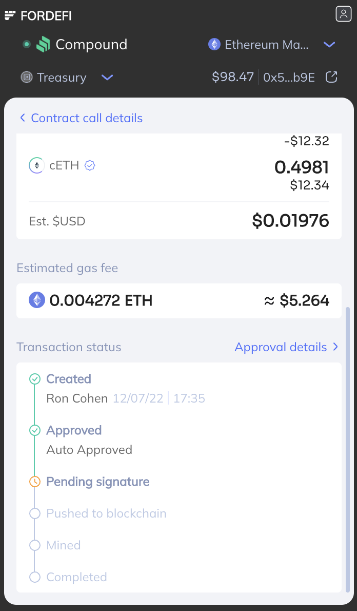 Screen shot Fordefi browser extension transaction simulation