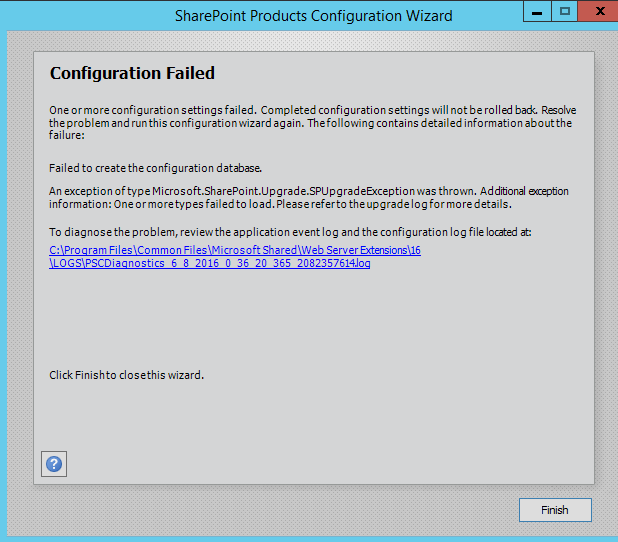 SharePoint Products Configuration Wizard failed