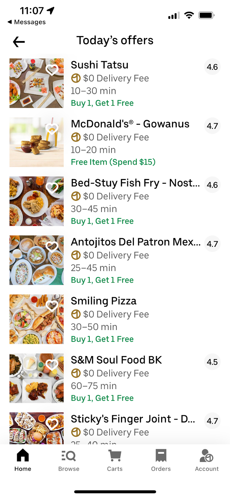 Screen shot from Uber app showing restaurants with $0 delivery fee