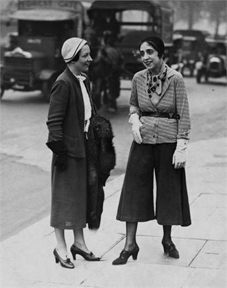 Elsa Schiaparelli wearing her jupe-culotte on the streets of London, 1930s.