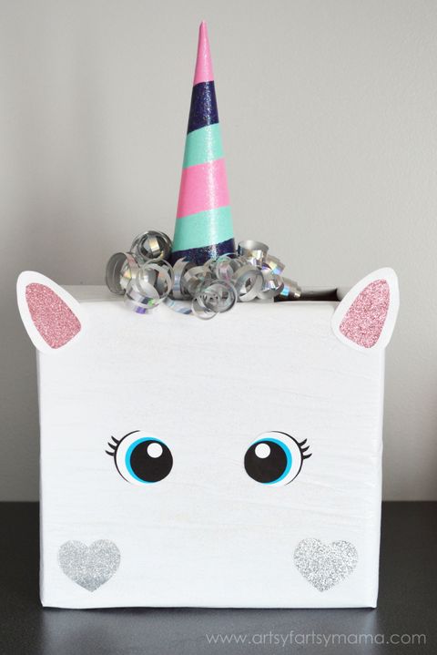valentines box ideas, unicorn with colorful horn and eyes and ears