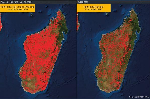 2 maps depicting bush fires in Madagascar