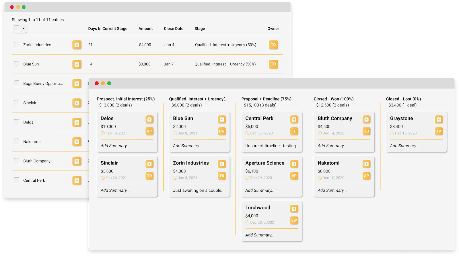 VipeCloud sales CRM table vs visual pipeline