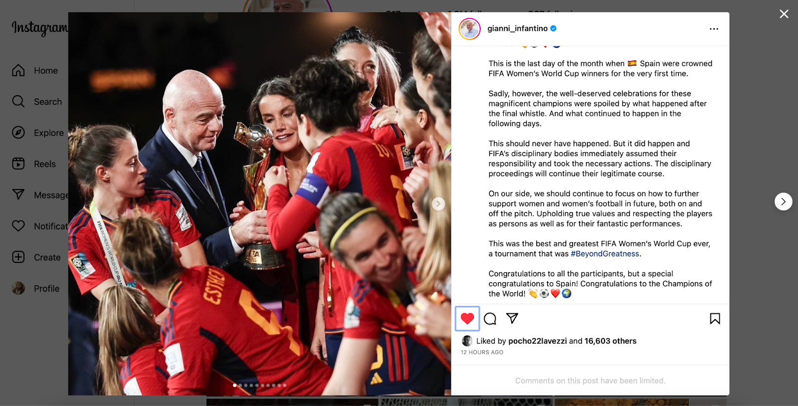 منشور جياني إنفانتينو تعليقا على حادثة تقبيل رئيس الاتحاد الإسباني لكرة القدم للّاعبة هيرموسو