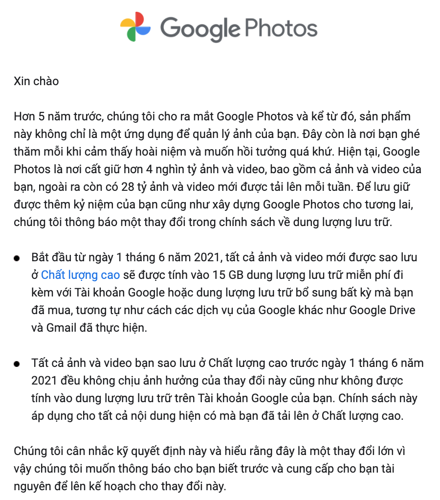 1/6/2021, Google Photo chính thức không còn miễn phí