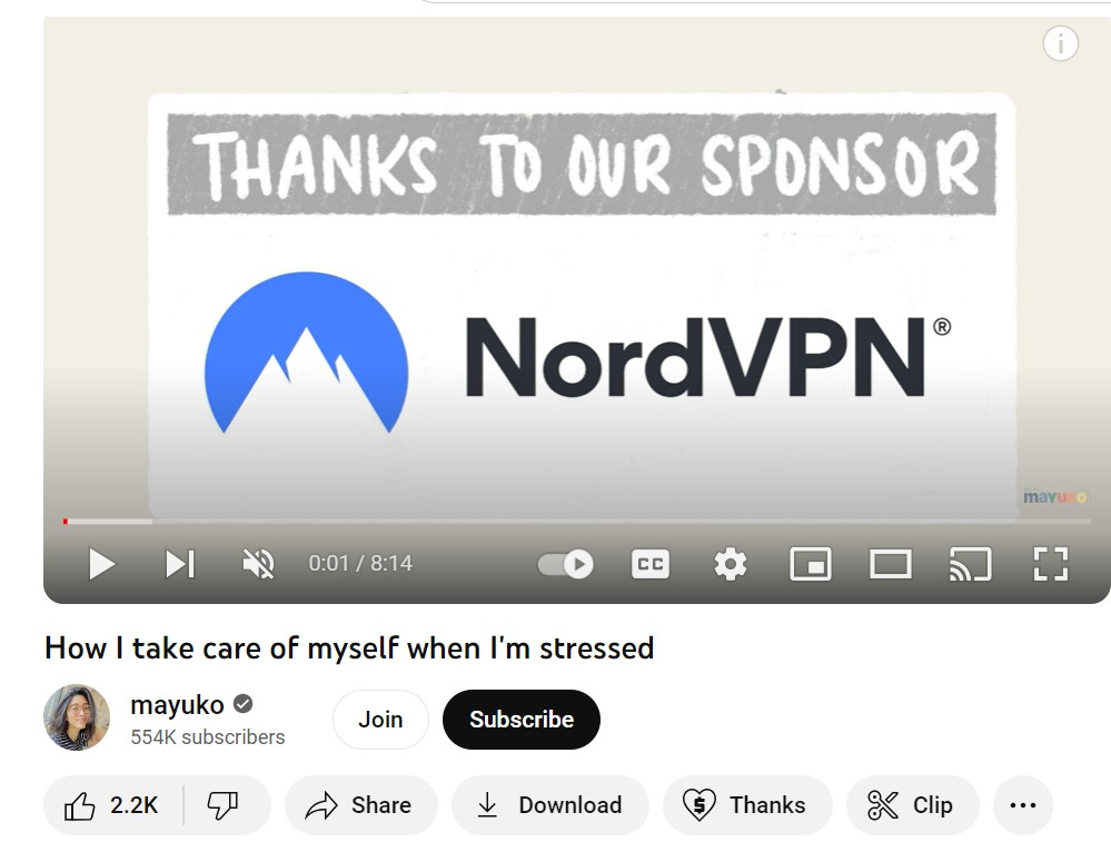 Screenshot of Mayuko's video promoting NordVPN