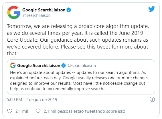 Tweet do Google sobre a atualização de confiabilidade.