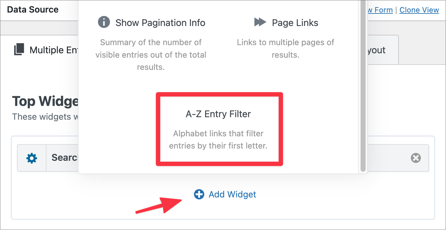 The A-Z Entry Filter widget in the list of GravityView widgets