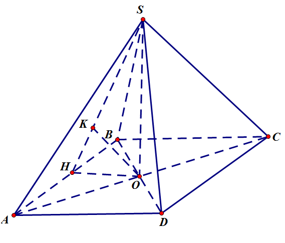 Cho hình chóp (S.ABCD) có đáy (ABCD) là hình thoi, hai đường chéo (AC = 2asqrt 3 ), (BD = 2a) và cắt nhau tại (O), hai mặt phẳng (left( {SAC} right)) và (left( {SBD} right)) cùng vuông góc với mặt phẳng (ABCD). Biết khoảng cách từ điểm (O) đến mặt phẳng (left( {SAB} right)) bằng (frac{{asqrt 3 }}{4}). Tính thể tích (V)của khối chóp (S.ABCD).</p> 1