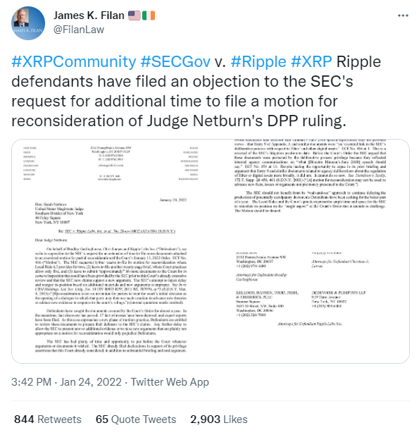 Publication Twitter James K. Filan - Ripple  objection officielle contre ce délai supplémentaire Juge Netburn, la SEC cherche à gagner du temps pour ajouter et modifier des arguments