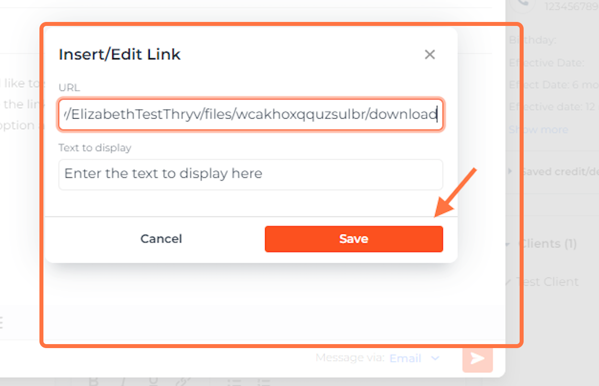 Paste the link you copied from the Documents tab and type the text to display. Then click save to insert the link into the text message