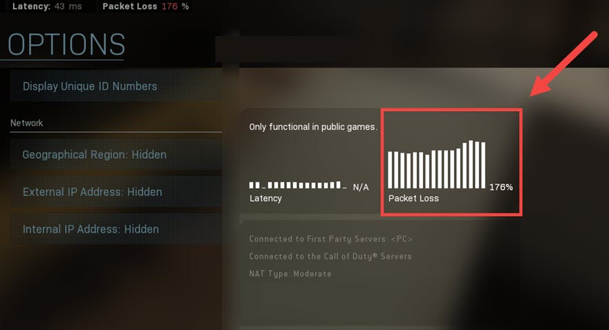 screenshot from Warzone showing information regarding packet loss and other data