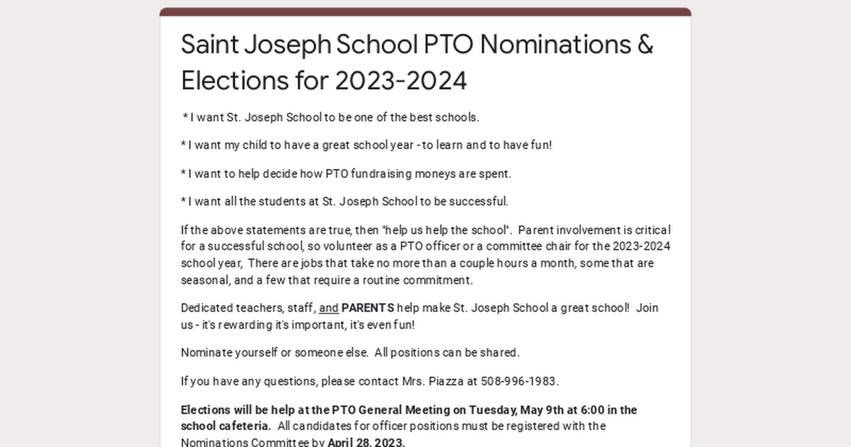 Saint Joseph School PTO Nominations & Elections for 2023-2024