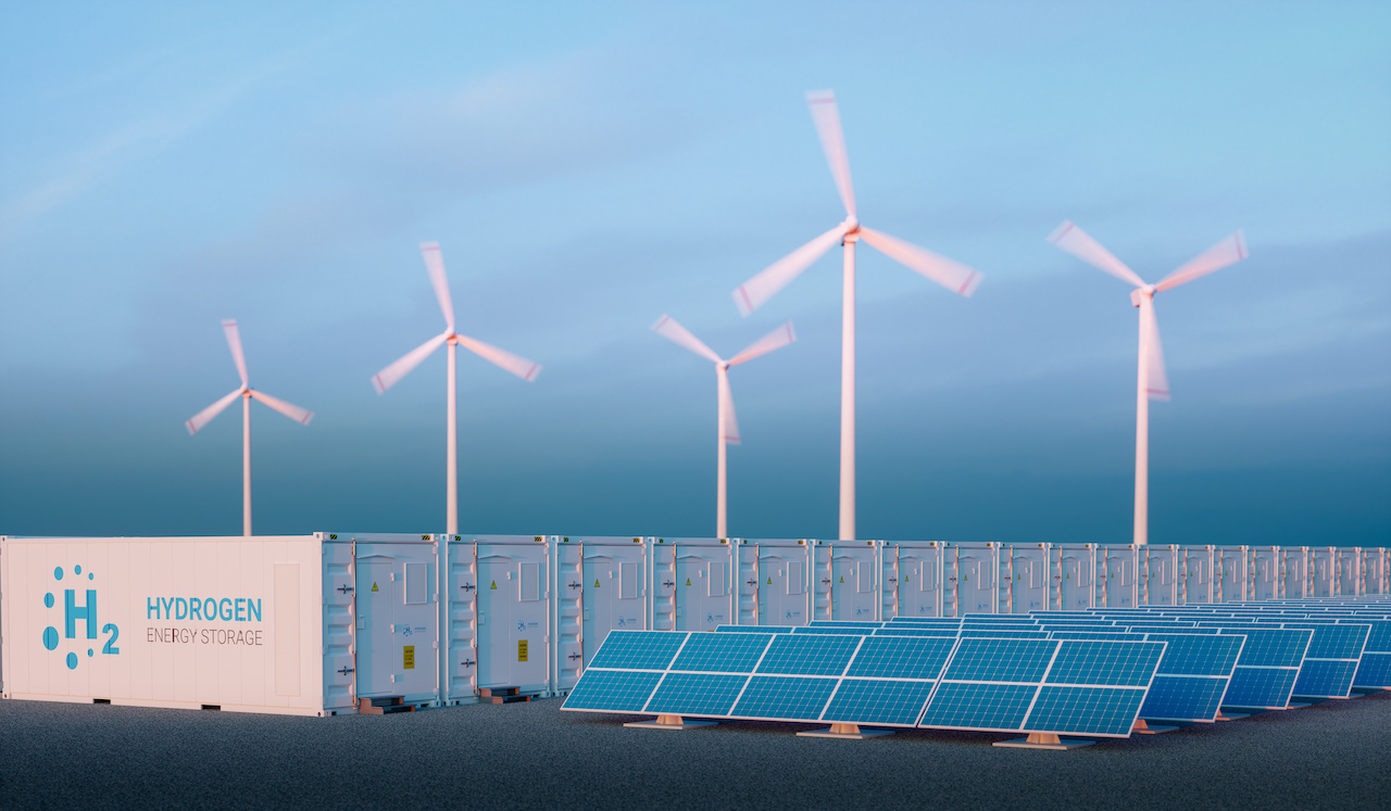 Hydrogen energy storage with renewable energy sources. Image used courtesy of Adobe Stock.