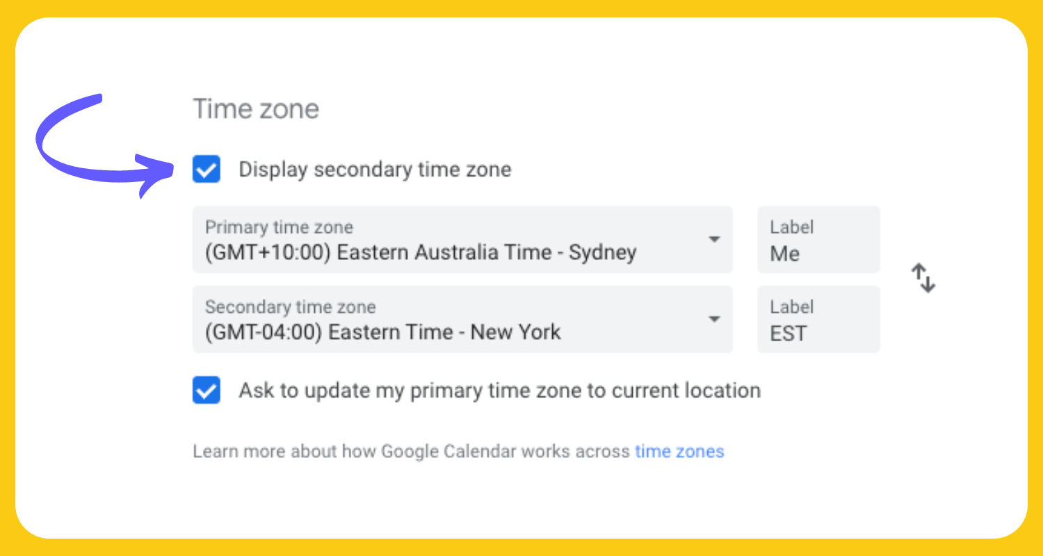 Add a secondary timezone in Google Calendar