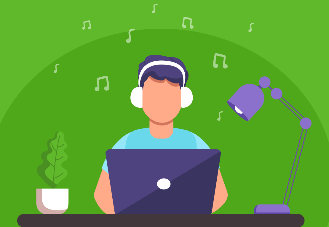 An illustration created for DeskTime's productivity research, depicting a person listening to music while working.