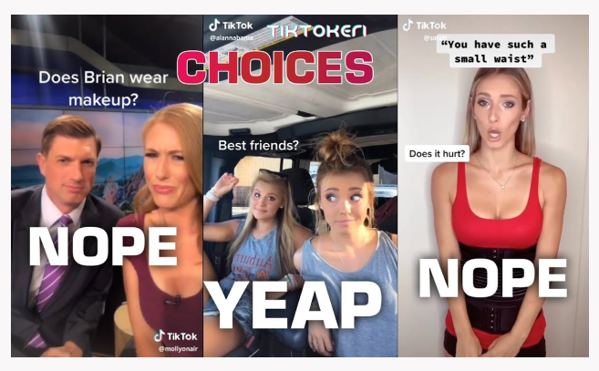 Screenshots from various TikTok videos of the Yup/Nope challenge.
