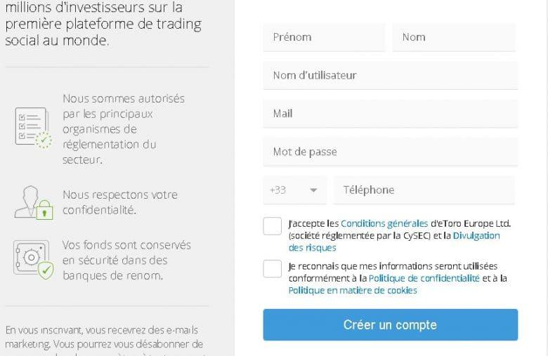 Créer son compte sur eToro est très rapide