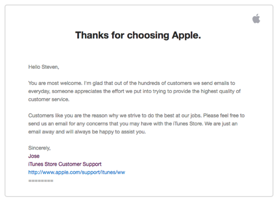 Personalized follow-up email from Apple