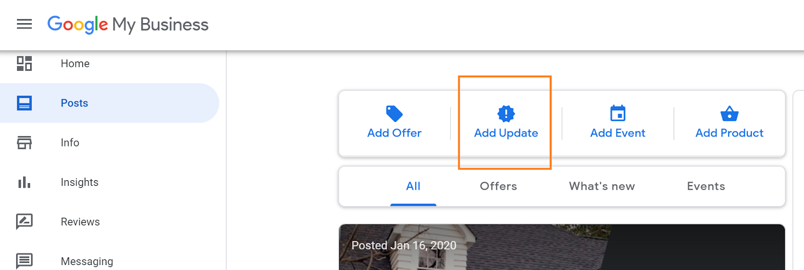 adding an update post to Google My Business listing