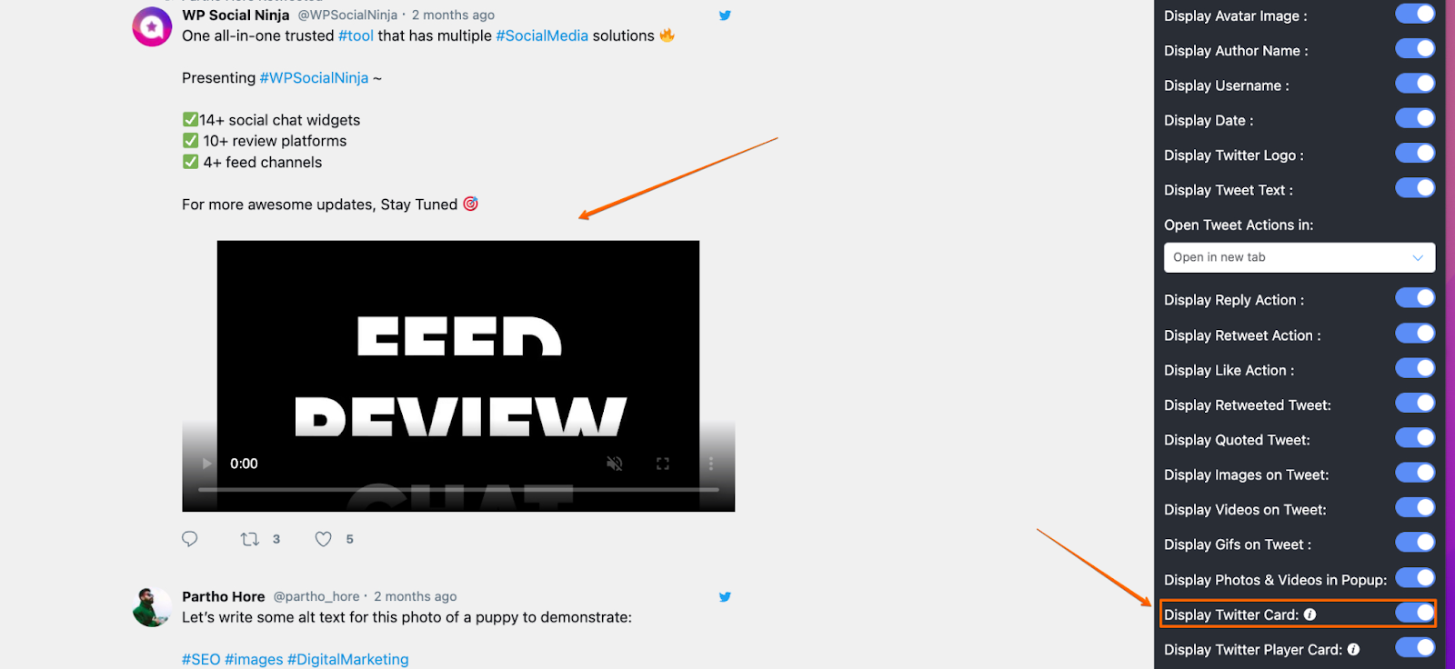 Twitter feed settings: Display Twitter Card