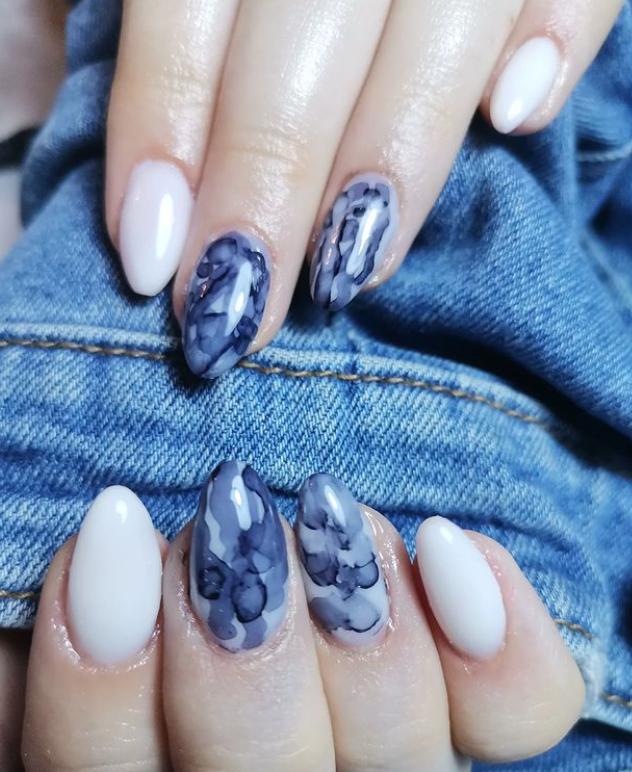 Blue Marble White Nails With Design