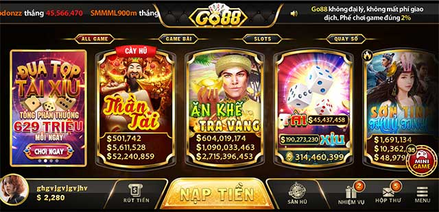 Danh sách sản phẩm trò chơi có mặt tại cổng game Go88