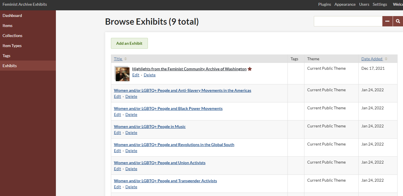 Omeka screenshot: Browse Exhibits 
