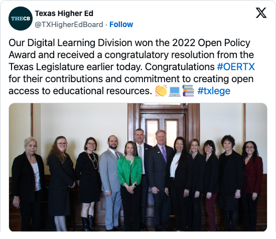 Tweet where the Texas Legislature recognizes the award-winning Division of Digital Learning