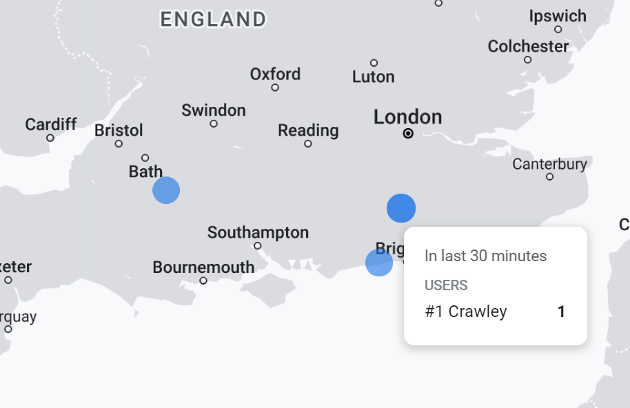 GA4's real-time report focussing on the interactive map for Engalnd highlighting the number of users in Crawley