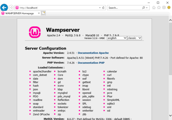 Install WAMP on Windows Server wamp test page