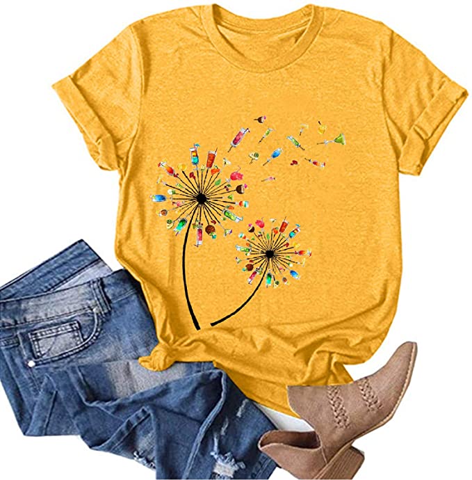 Sunflower Shirts Women Short Sleeve Blouses Cute Dandelion Graphics Tshirt Funny Tee Shirts Top