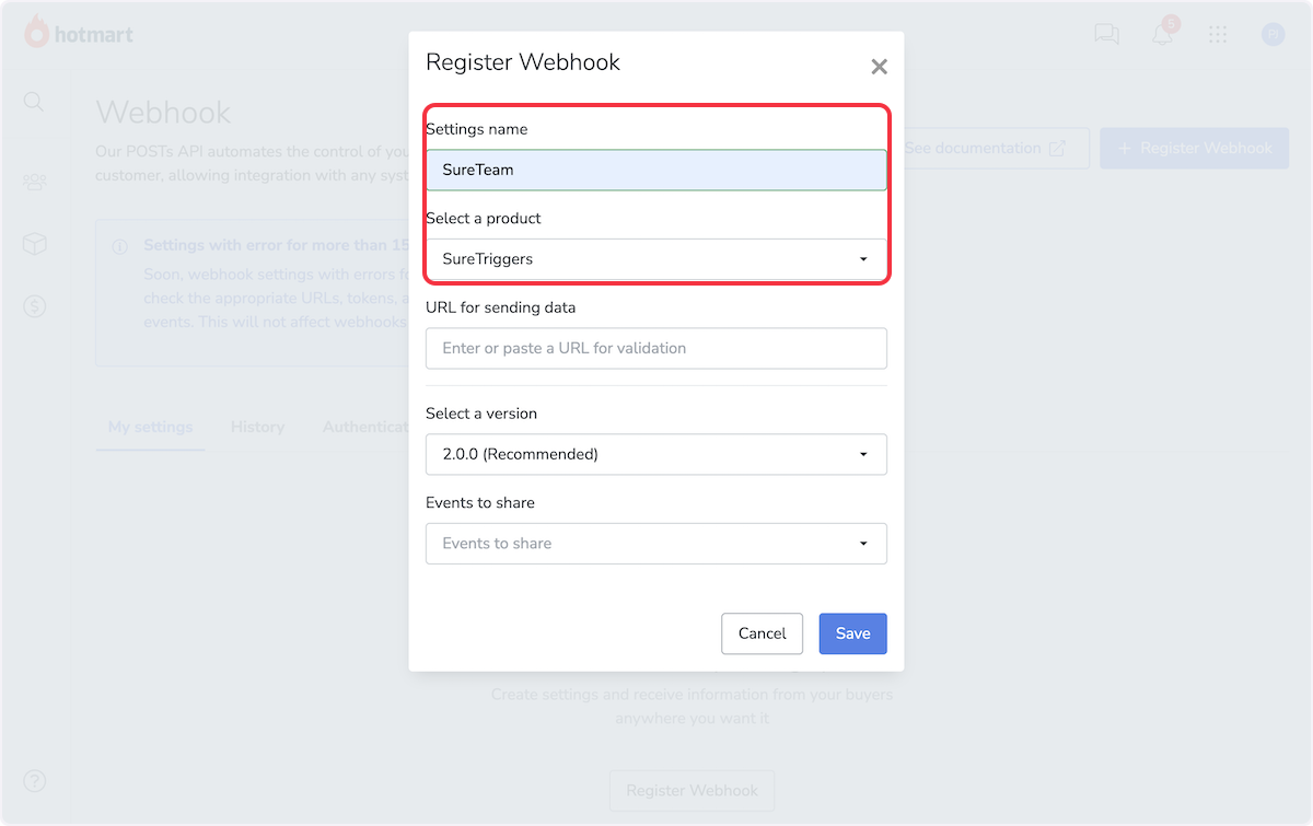 Provide the Settings name and select your product.