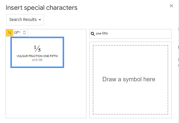 searching for one fifth symbol in special characters in google docs view 