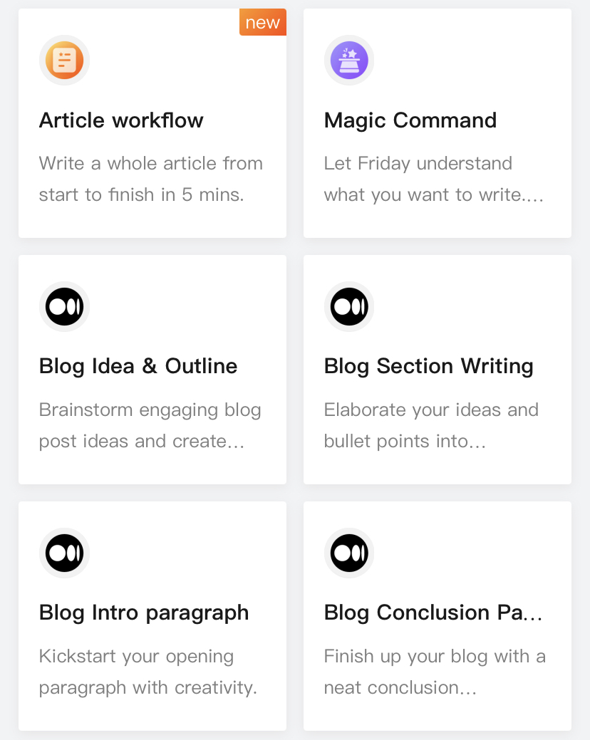 Friday, a Jasper alternative, offers multiple templates to help you create full-length blogs.