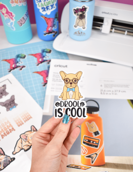 The image shows a cute french bulldog sticker made with the Cricut Joy Xtra machine. 