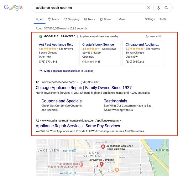 paid search ad example of "appliance repair near me" in the google serp