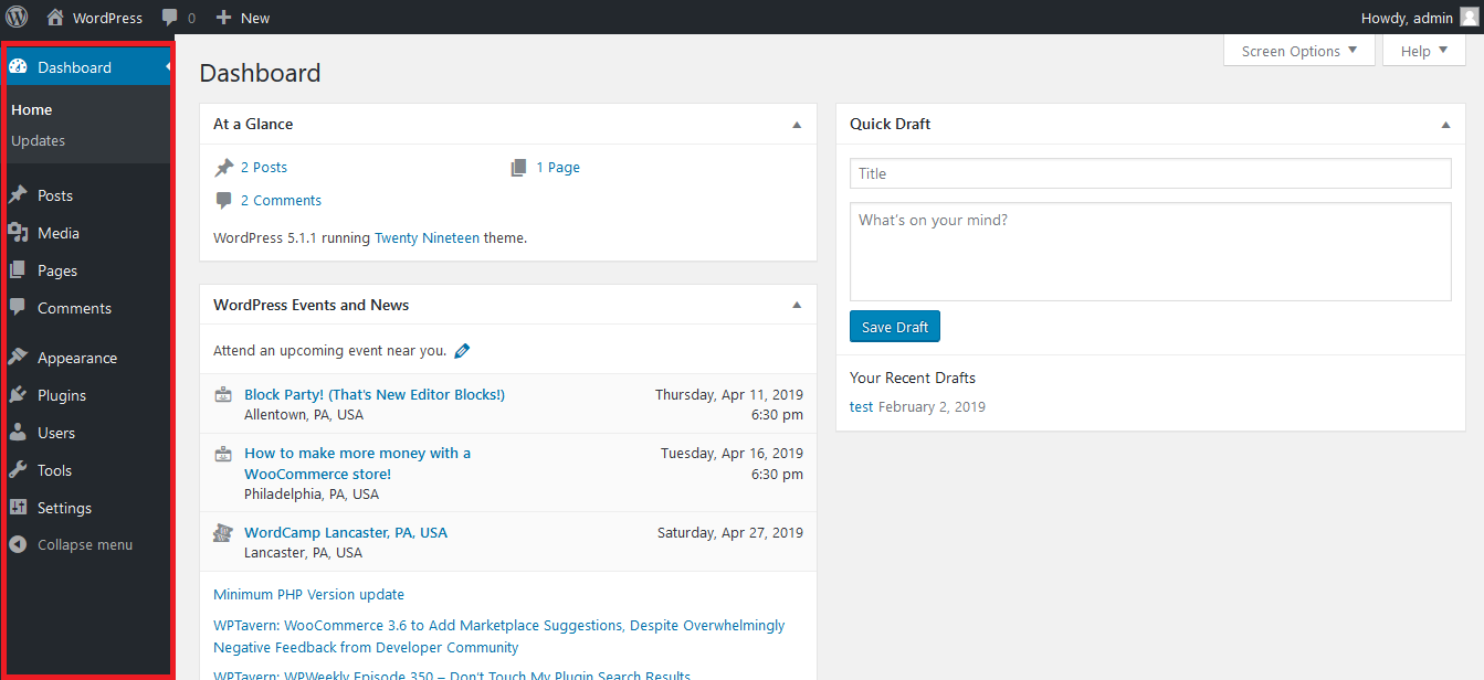 WordPress Dashboard Left Sidebar