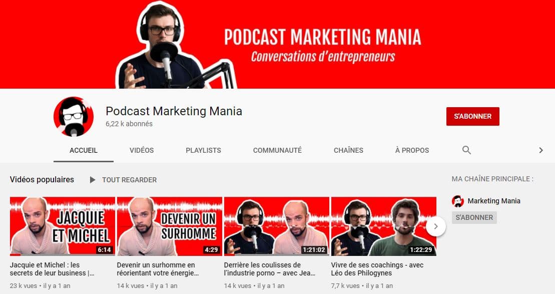 Chaine YouTube dediee au podcast de marketing mania