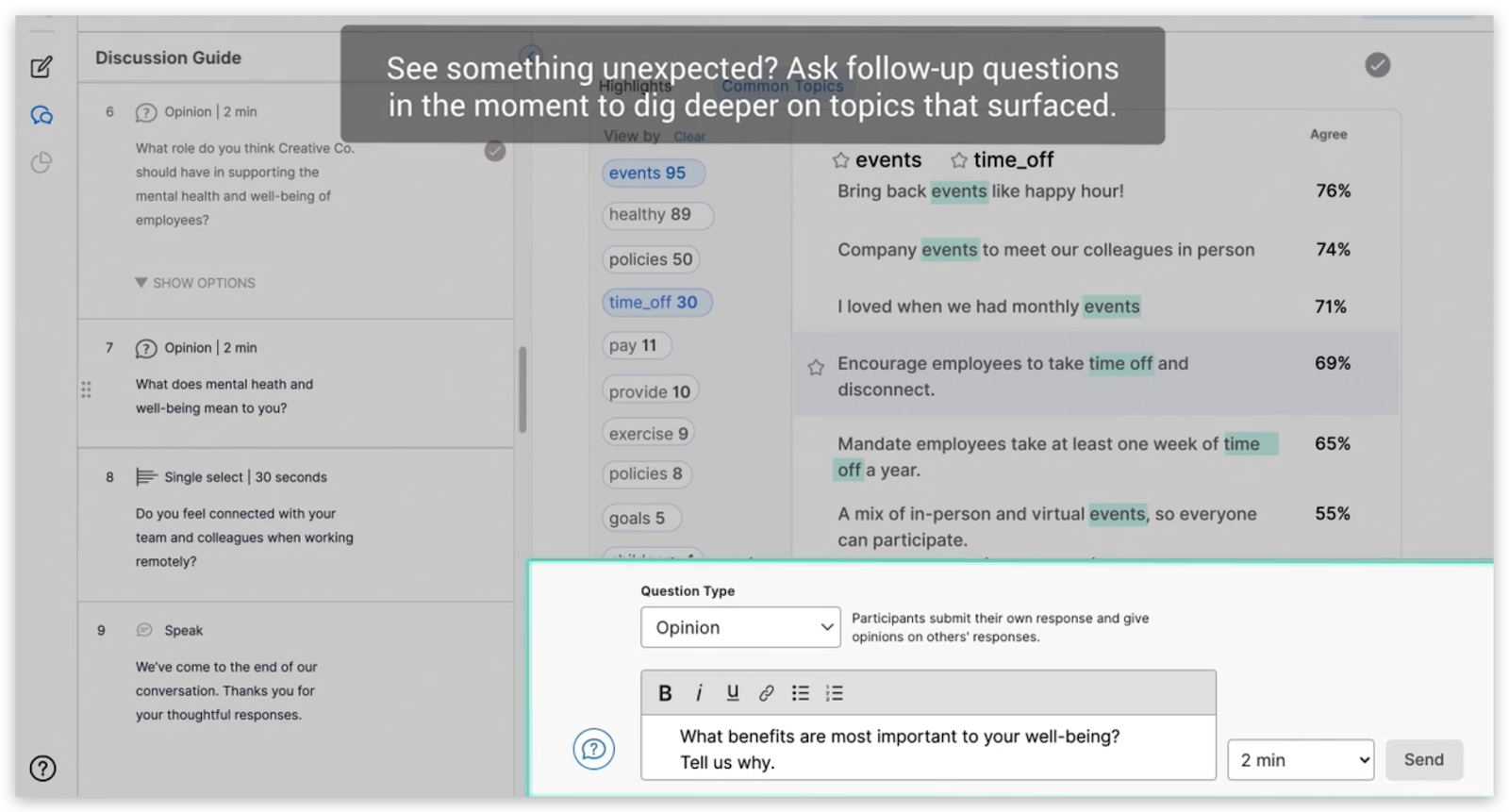 Screenshot of Remesh facilitator interface with facilitator adding a question on the fly in response to trends in responses.